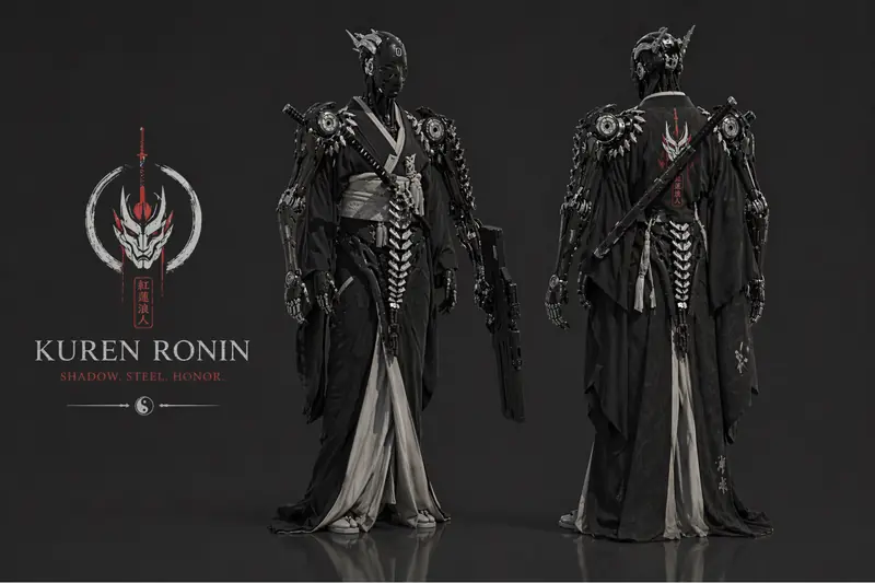 Front and back turnaround of Kuren Rōnin with a red horned emblem and a rifle carried at the hip.