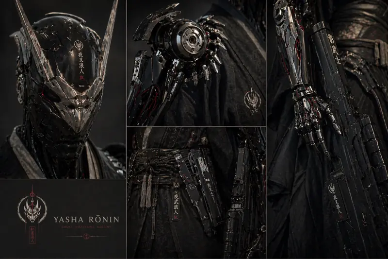 Collage of detail studies of Yasha Rōnin’s helmet, shoulder core, waist gear and arm plating.