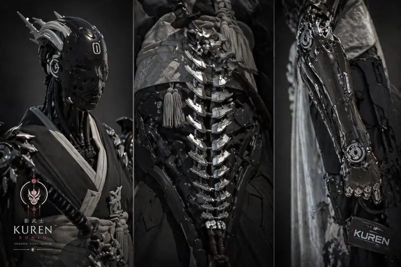 Collage of detail studies of Kuren Rōnin’s perforated skull plate, articulated spine armor and forearm.