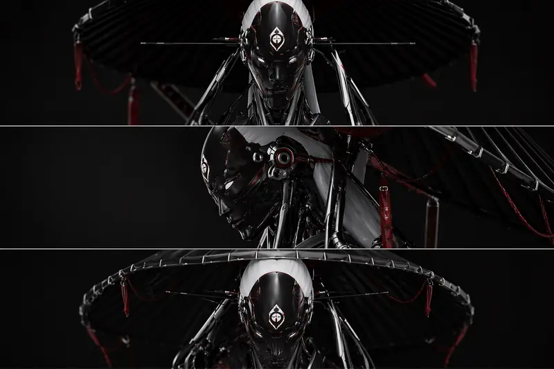 Triptych of close-ups on a masked cyber-ronin’s head and shoulder rig beneath a segmented umbrella.