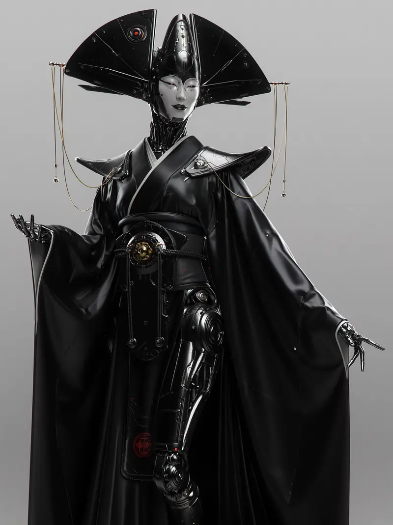 Studio portrait of a cyber-geisha robot in a black kimono and fan headdress against a grey background.