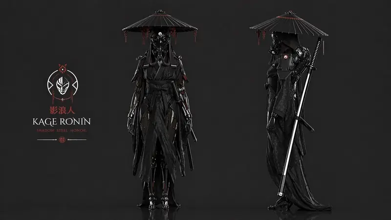 Turnaround board of Kage Rōnin in front and side view beneath an umbrella hat, with logo lockup on dark ground.