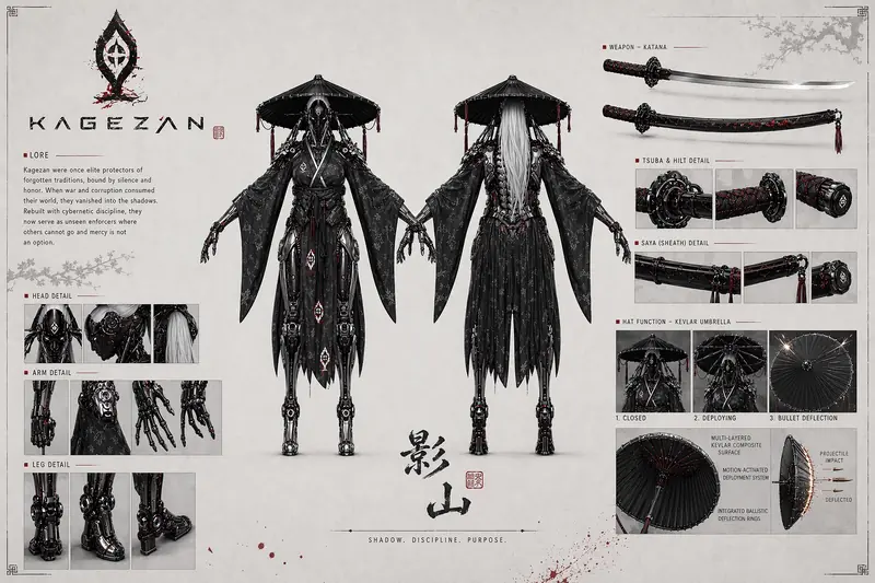 White spec sheet for Kagezan with turnarounds, limb details, katana breakdown and a kevlar umbrella deployment diagram.