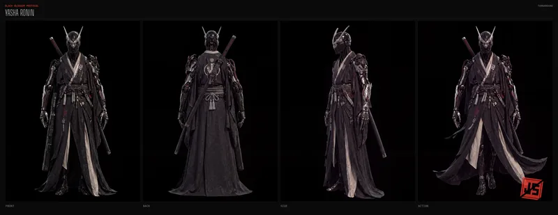 Four-view turnaround sheet of Yasha Rōnin: front, back, side and action pose on a black plate with the character’s name block.
