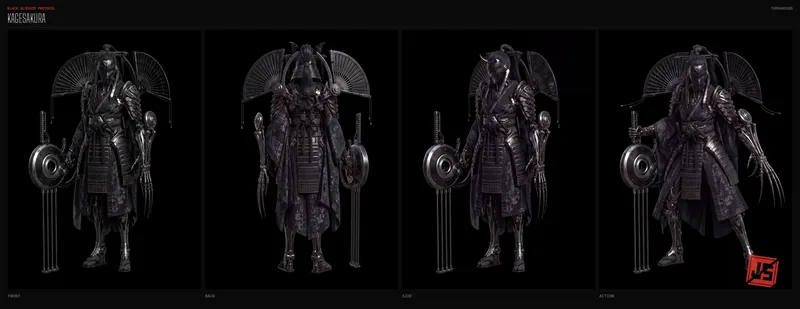 Four-view turnaround sheet of Kagesakura: front, back, side and action pose on a black plate with the character’s name block.