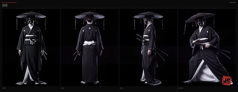 Four-view turnaround sheet of Shiyō: front, back, side and action pose on a black plate with the character’s name block.