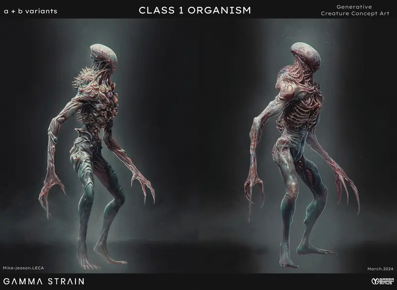 Design board showing two full-body views of a pale humanoid infected creature.