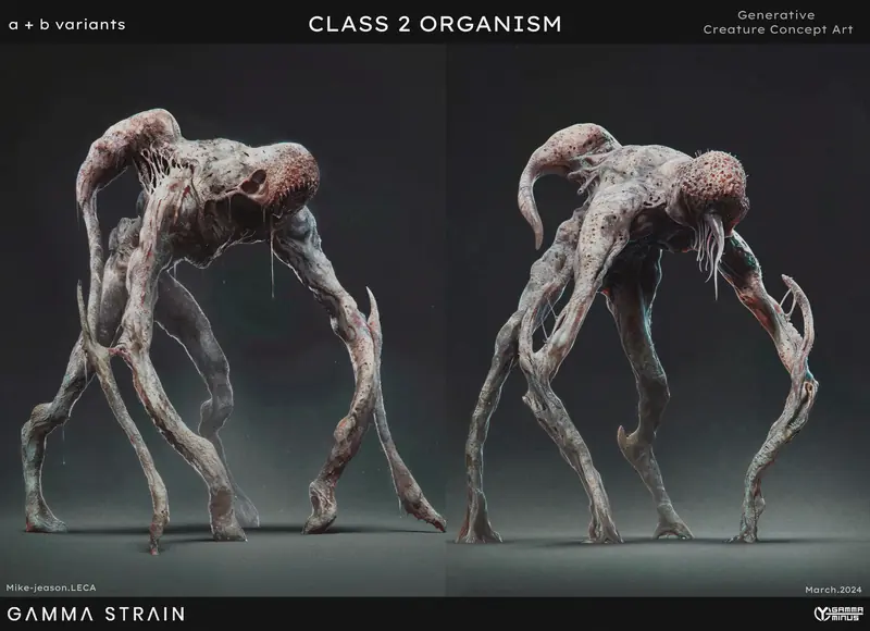 Design board with several views of a hunched four-limbed infected creature.