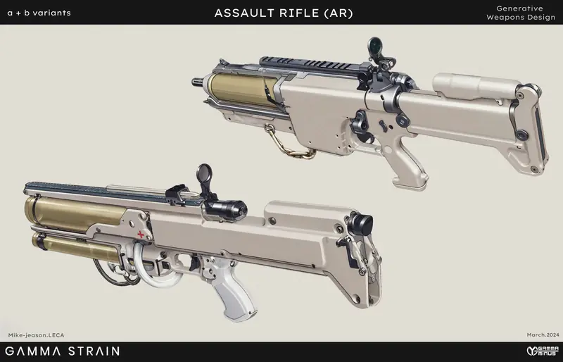 Weapon design board presenting a compact assault rifle on a light background.