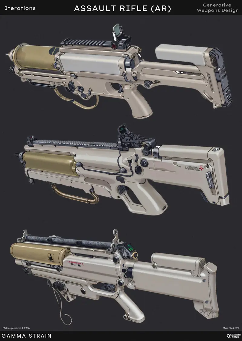 Vertical board stacking three design iterations of the assault rifle.