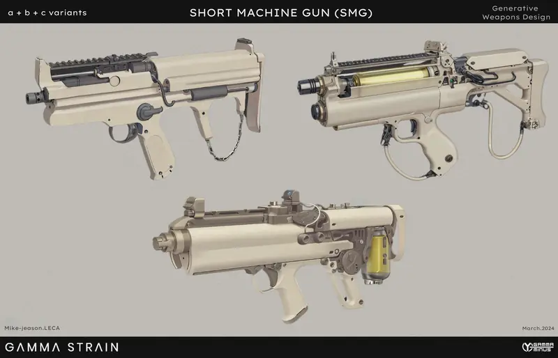 Weapon design board with three views of a compact submachine gun.