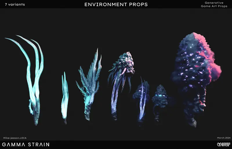 Lineup of seven bioluminescent alien flora props on a dark background.