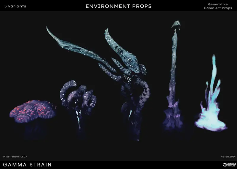 Lineup of five glowing organic growth props on a dark background.