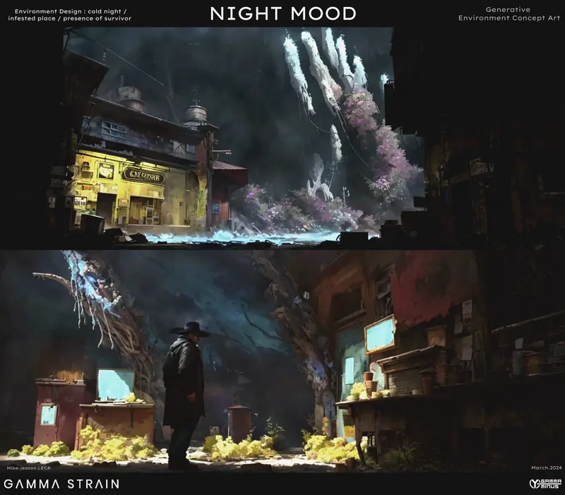 Two stacked night scenes of an infested city street lit by yellow storefronts.