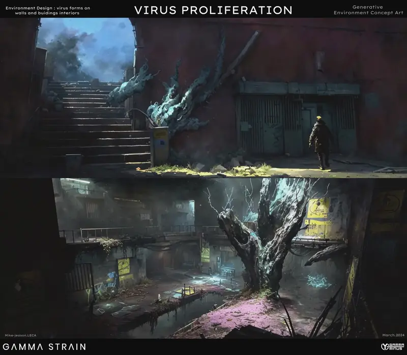 Two stacked scenes of organic growths spreading through urban stairways and alleys.