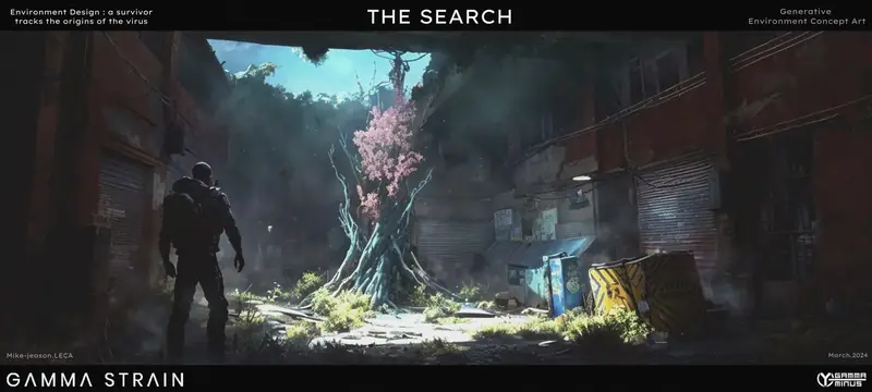 Wide shot of an armed figure moving through an infested backstreet.