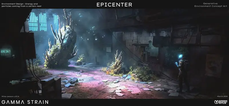 Wide shot of a survivor facing a glowing infection bloom in a ruined street.