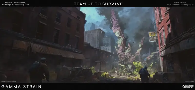 Cover visual of two survivors advancing down a city street toward a towering infected growth.