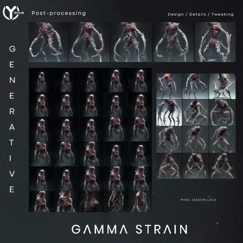 Second grid of refined creature iterations and pose studies.