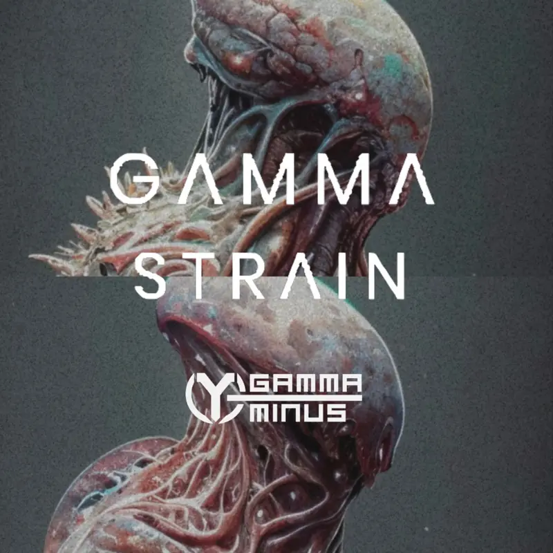 Square title card with the Gamma Strain wordmark and Gamma Minus logo over a close-up of infected tissue.