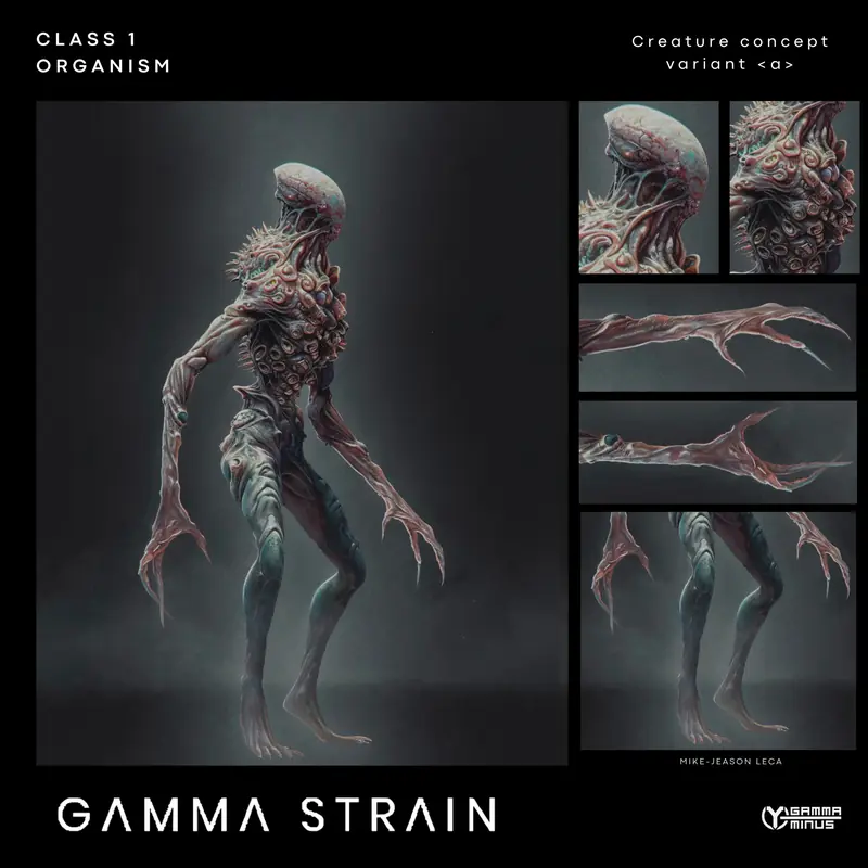 Process board with a full-body render and detail crops of creature variant A.