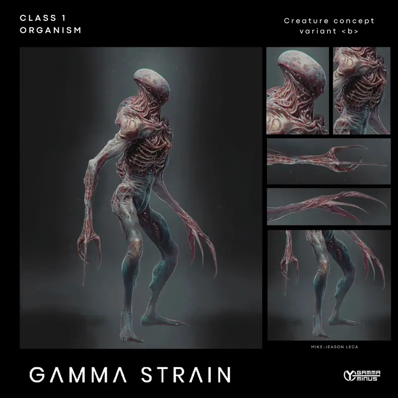 Process board with a full-body render and detail crops of creature variant B.