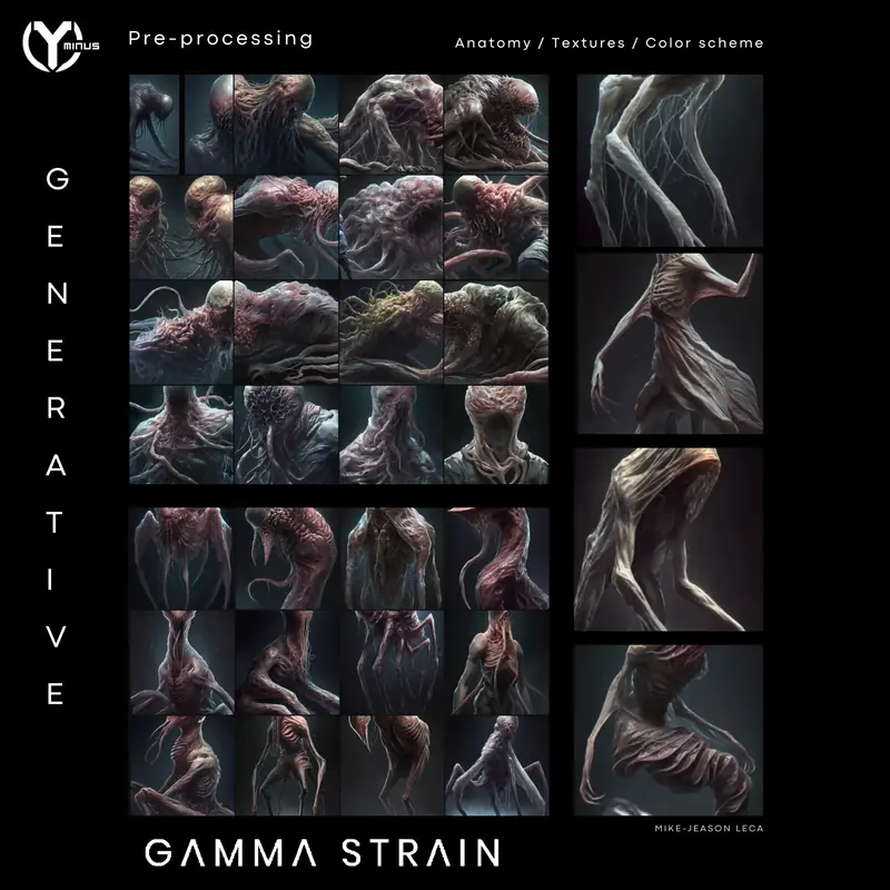 Grid of generative anatomy, texture and color-scheme explorations for the infected creatures.