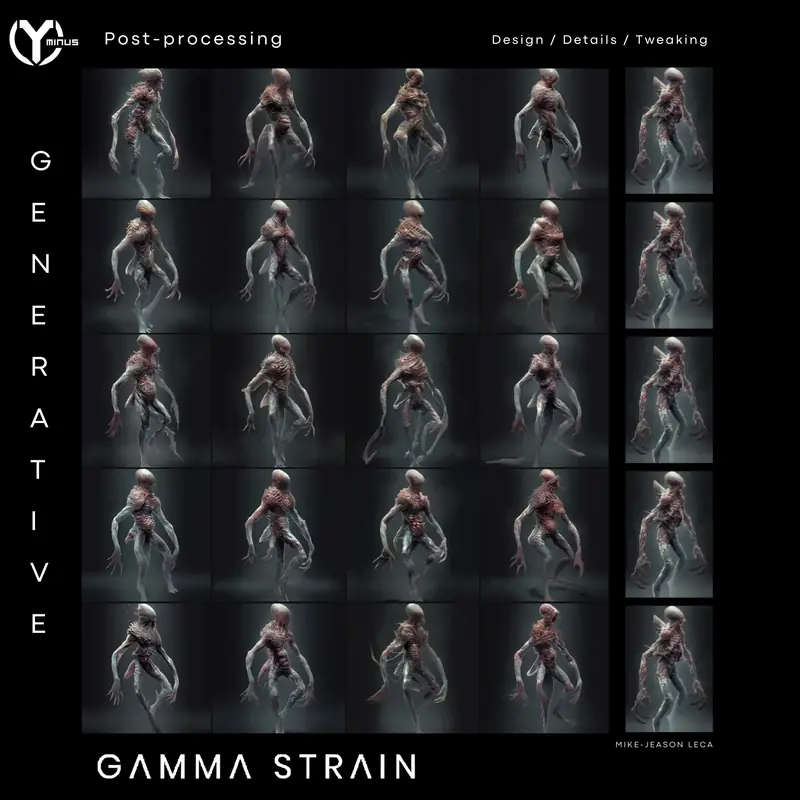 Grid of refined creature iterations exploring design, details and tweaks.
