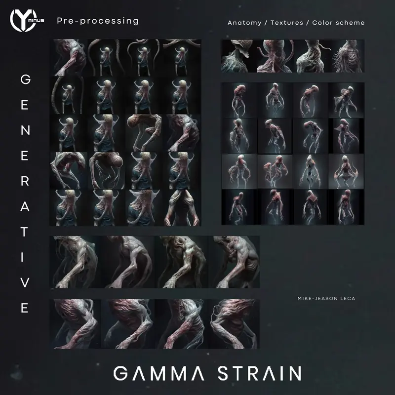 Second grid of generative anatomy and silhouette explorations for the creatures.