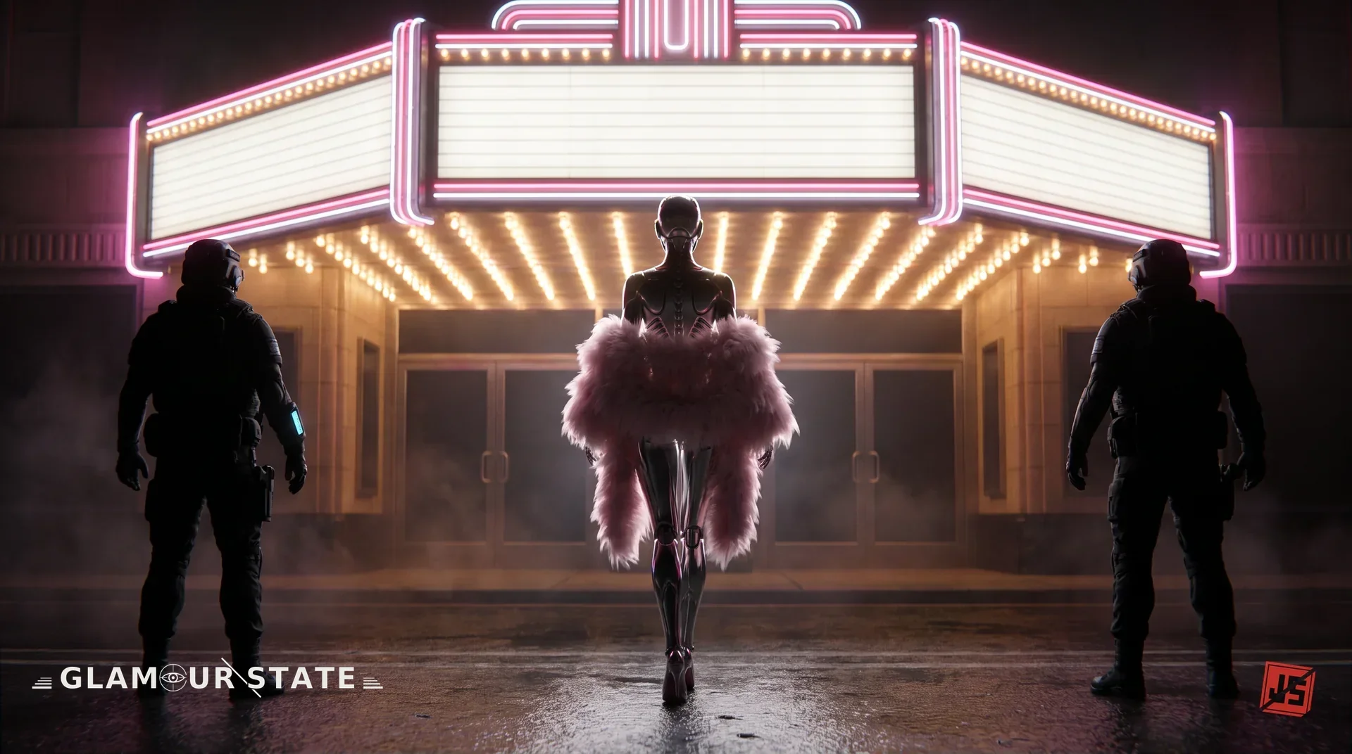 The chrome idol walking out from under the theatre’s lit marquee in a pale pink feather coat, an armoured operator standing still on each side of the wet street.