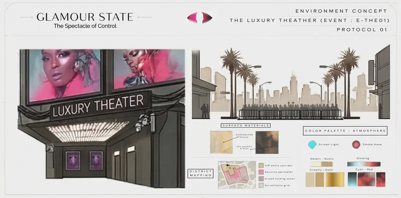 Environment board of the Luxury Theater facade with a street elevation, surface materials, district map and color palette.