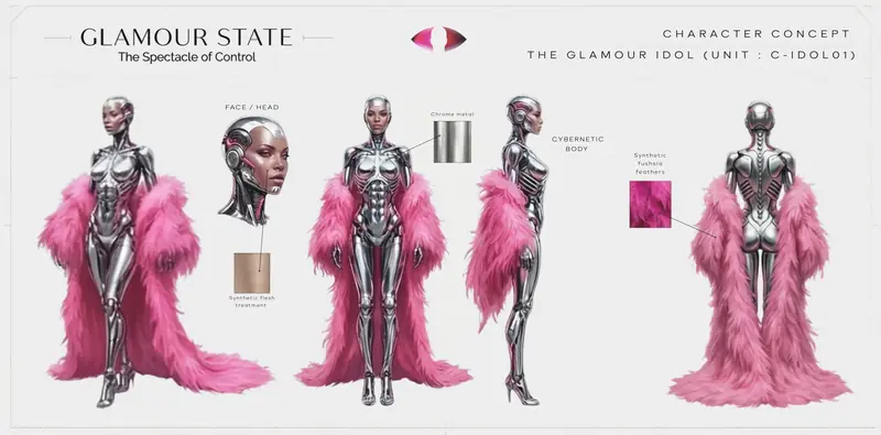 Character sheet of a chrome android idol in a pink feather boa, shown in front, side and back views with material callouts.