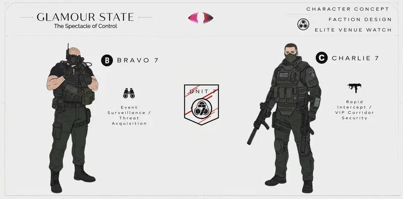 Character board presenting operators Bravo 7 and Charlie 7 with the unit crest and their role captions.