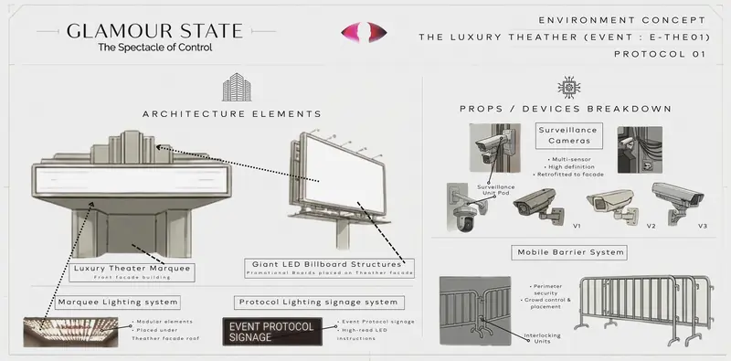 Breakdown board of the theater marquee, billboard structures, surveillance cameras and mobile barrier systems.