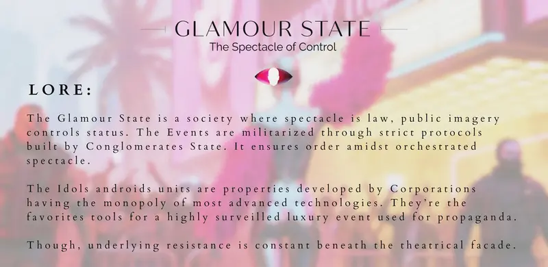 Title card introducing the Glamour State setting, with lore text over a blurred pink street scene.