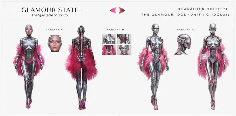 Character sheet comparing three chrome android idol variants with head and torso detail studies.