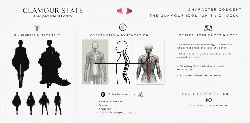 Diagram board showing the idol’s silhouette studies and a cybernetic spine augmentation with trait and lore notes.