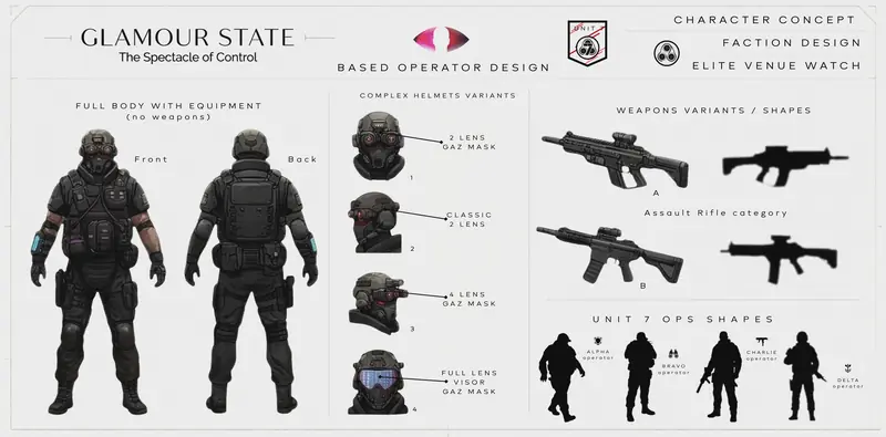 Reference board of four helmet variants, assault rifle shapes and silhouettes of the four Unit 7 operators.