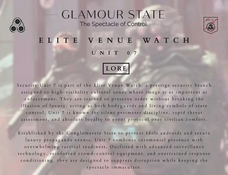 Text card describing security Unit 07 of the Elite Venue Watch over a faded image of armed operators.