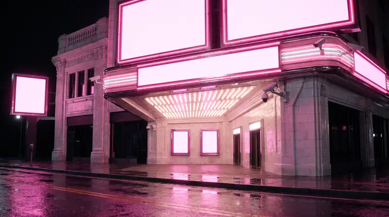 A stone theatre facade at night, blank pink-edged lightboxes above the entrance, the wet empty street reflecting them.