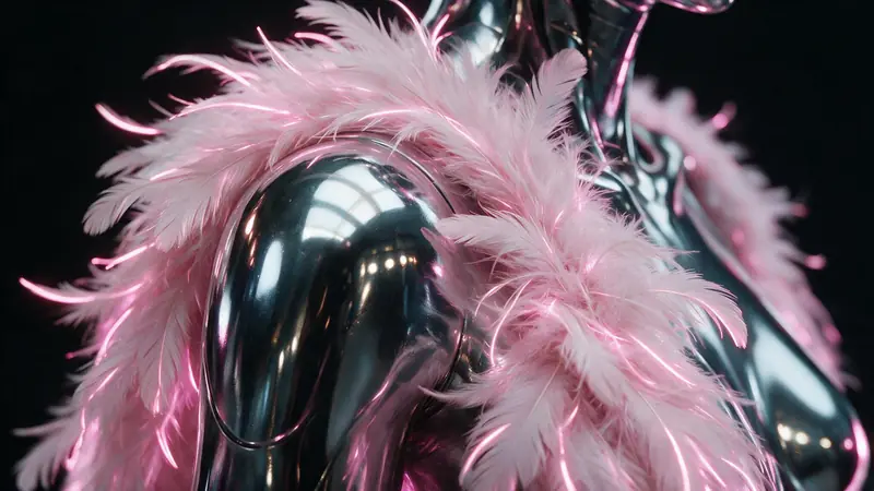 Close on a chrome form wrapped in pale pink feathers under hard studio light.