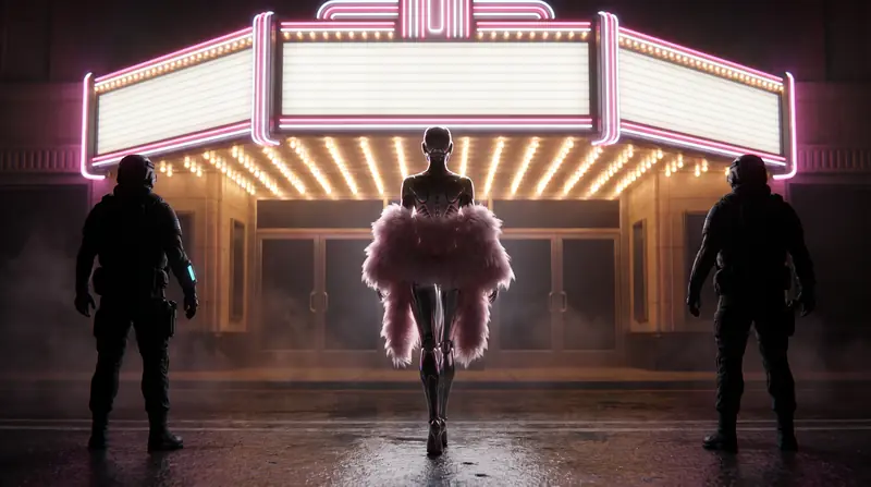 The android idol walking out under a lit marquee in a pink feather coat, flanked by two operators in silhouette on an empty wet street.