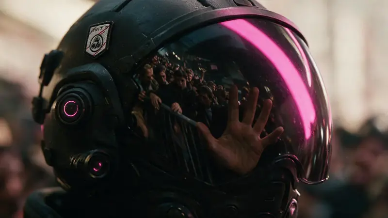 Close on an operator’s visor, a bare hand pressed flat against the glass, a crowd held behind a barrier reflected in it.