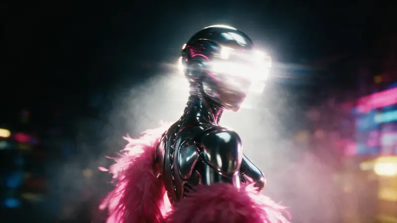 The idol seen from behind in a pink feather coat, her head lost in a flare of white light, neon bokeh beyond.