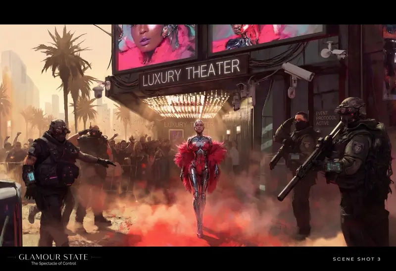 Cinematic frame of the idol in a red feather boa facing the crowd outside the theater between security operators.