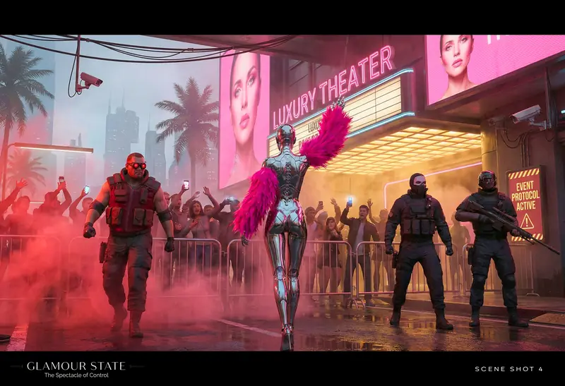 Cinematic night frame of the idol in a pink boa under neon marquee lights as guards and a crowd line the wet street.