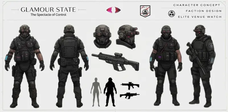 Character sheet of an armored security operator in front, back and side views with helmet and rifle details.
