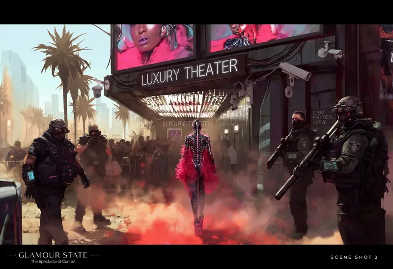 Cinematic frame of the idol walking through red smoke toward the theater entrance, flanked by armed guards.
