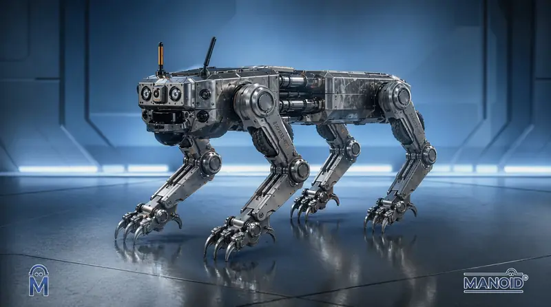Industrial quadruped robot in a blue-lit studio, three-quarter view on a reflective floor.