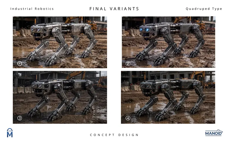 Board of four final quadruped robot variants photographed on a muddy construction site.